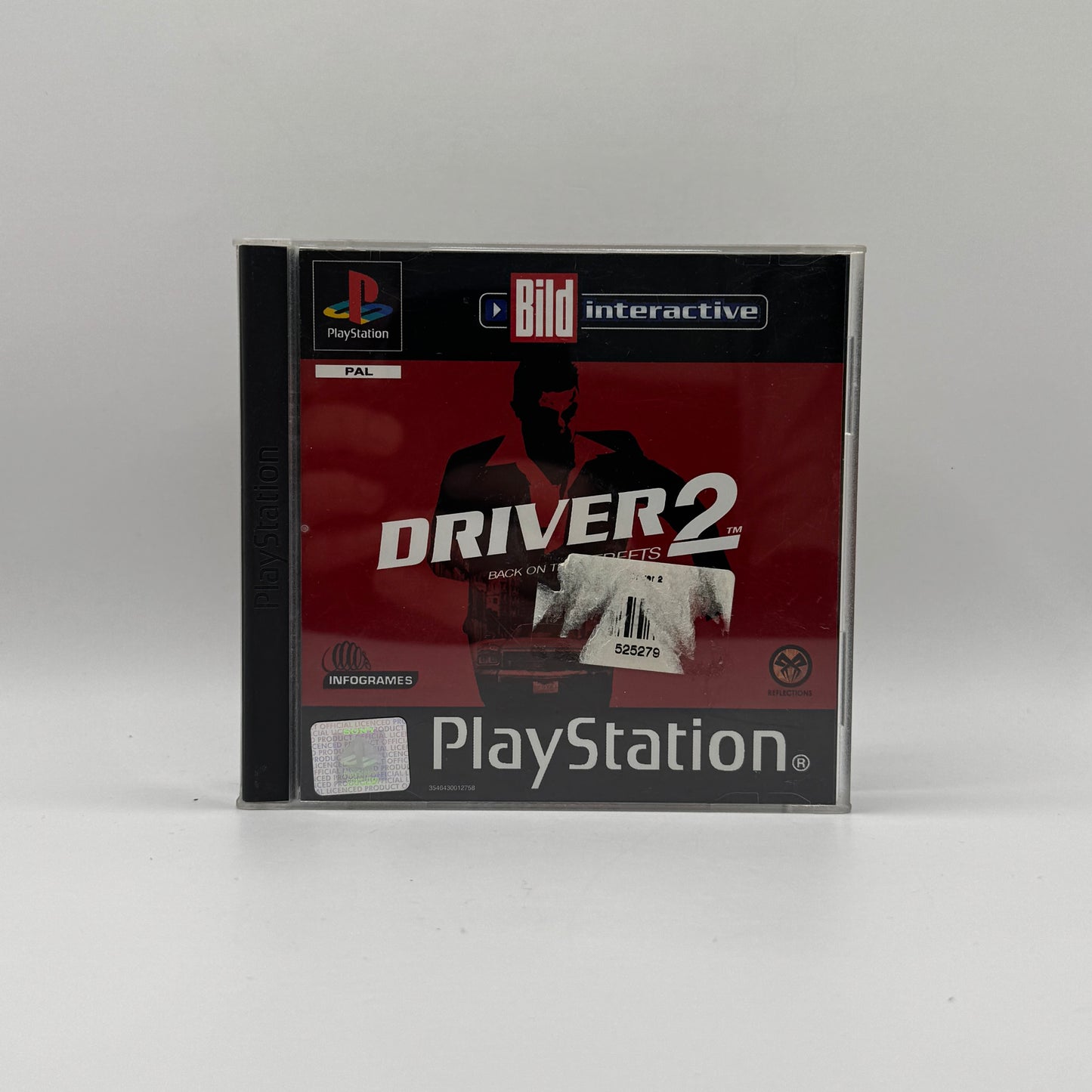 Verpackung des PS1-Spiels Driver 2, ein Action-Rennspiel mit offenen Städten, Verfolgungsjagden und Missionen, bei denen Spieler als Undercover-Fahrer kriminelle Aufträge erfüllen.