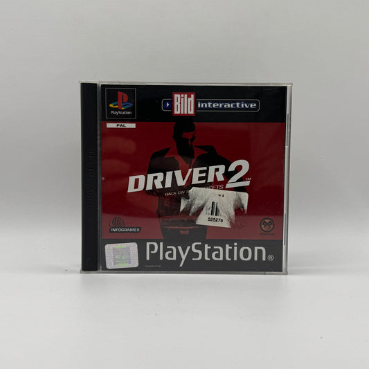 Verpackung des PS1-Spiels Driver 2, ein Action-Rennspiel mit offenen Städten, Verfolgungsjagden und Missionen, bei denen Spieler als Undercover-Fahrer kriminelle Aufträge erfüllen.