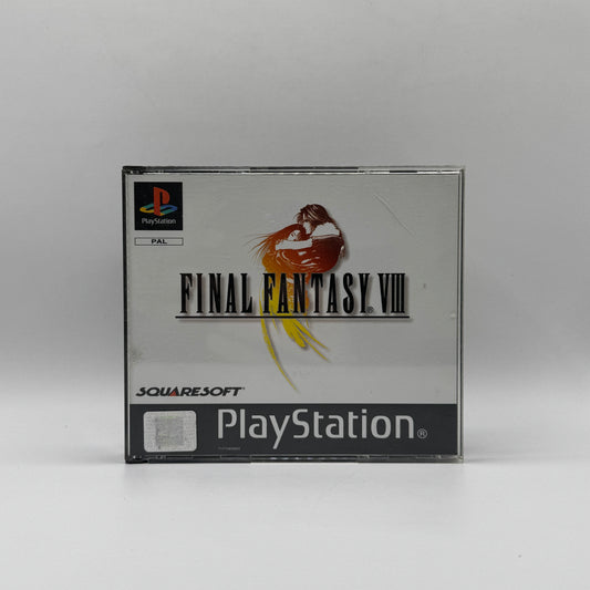 Verpackung des PS1-Spiels Final Fantasy VIII, ein japanisches Rollenspiel mit rundenbasierten Kämpfen, einer epischen Geschichte und den Hauptfiguren Squall Leonhart und Rinoa Heartilly.