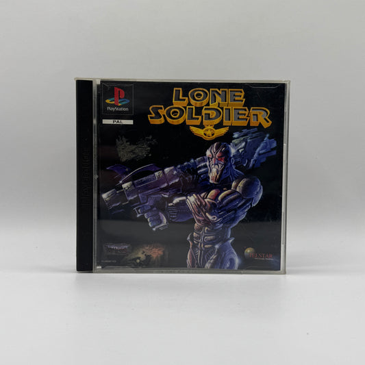Verpackung des PS1-Spiels Lone Soldier, ein Actionspiel, in dem Spieler einen Soldaten durch feindliche Umgebungen steuern und Missionen gegen Gegner absolvieren.
