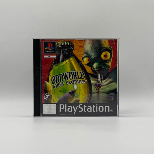 Verpackung des PS1-Spiels Oddworld: Abe’s Exoddus, ein Puzzle-Plattformer, in dem Spieler Abe steuern, Rätsel lösen und versklavte Mudokons aus gefährlichen Fabriken retten.