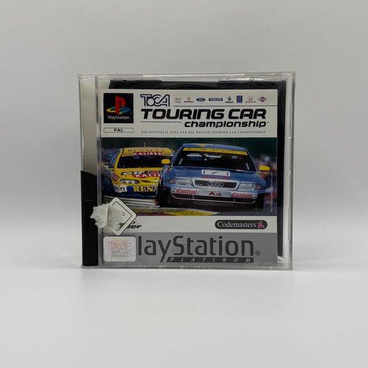 Verpackung des PS1-Spiels TOCA: Touring Car Championship, ein realistisches Rennspiel mit offiziellen Tourenwagen, Strecken und Meisterschaften der britischen Touring-Car-Serie.