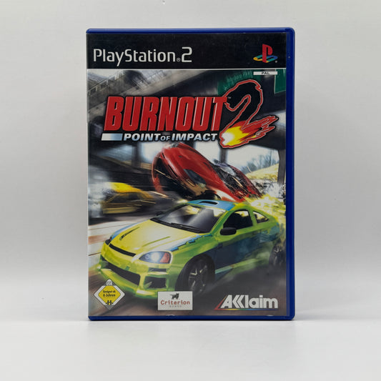 Verpackung des PS2-Spiels Burnout 2: Point of Impact, ein Arcade-Rennspiel mit hohem Tempo, riskanten Fahrmanövern und spektakulären Crashs.