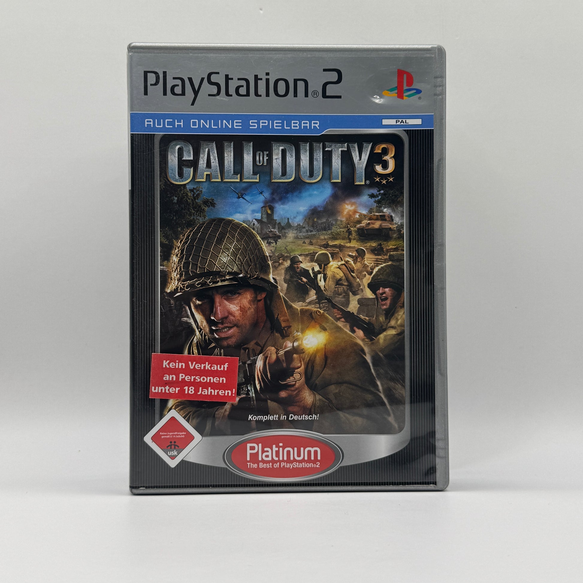 Verpackung des PS2-Spiels Call of Duty 3, ein Ego-Shooter im Zweiten Weltkrieg, in dem Spieler historische Schlachten in Europa aus verschiedenen Perspektiven erleben.