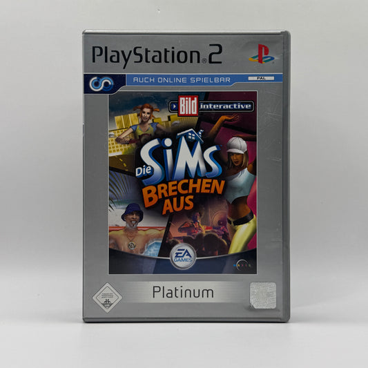 Verpackung des PS2-Spiels Die Sims brechen aus in der Platinum-Edition, eine Lebenssimulation, in der Sims aus dem Alltag ausbrechen, Karrieren verfolgen und neue Orte erkunden.