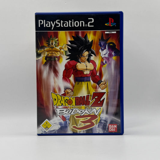 Verpackung des PS2-Spiels Dragon Ball Z: Budokai 3, ein Kampfspiel mit Charakteren aus dem Dragon-Ball-Z-Universum, schnellen Kämpfen und verschiedenen Spielmodi.