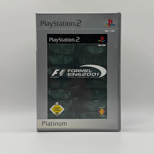 Verpackung des PS2-Spiels F1 2001 / Formel Eins 2001 in der Platinum-Edition, ein Rennspiel mit offiziellen Formel-1-Teams, Fahrern und Strecken der Saison 2001.