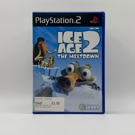 Verpackung des PS2-Spiels Ice Age 2, ein Action- und Abenteuerspiel basierend auf dem Animationsfilm, in dem Spieler Charaktere wie Manny, Sid und Diego durch eisige Level steuern und Aufgaben lösen.