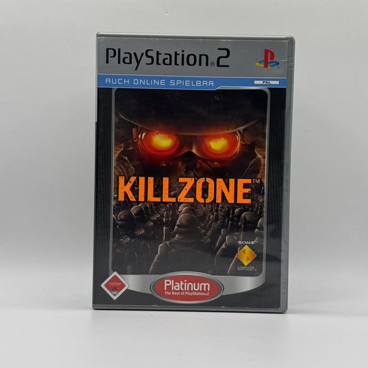 Verpackung des PS2-Spiels Killzone, ein Ego-Shooter, in dem Spieler als Soldat in einem futuristischen Krieg gegen die Helghast-Armee kämpfen.