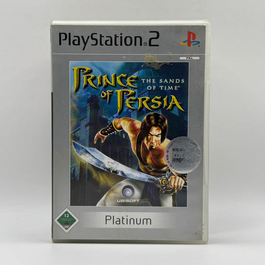 Verpackung des PS2-Spiels Prince of Persia: The Sands of Time, ein Action-Adventure, in dem Spieler als Prinz durch eine orientalische Welt kämpfen, akrobatische Hindernisse überwinden und mithilfe des Sands der Zeit Rätsel lösen.