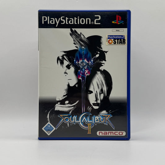 Verpackung des PS2-Spiels Soul Calibur II, ein 3D-Kampfspiel mit Waffen, vielfältigen Charakteren und schnellen, taktischen Duellen in unterschiedlichen Arenen.