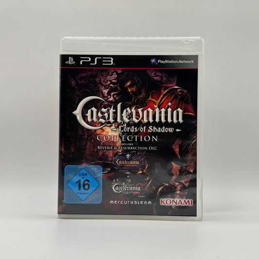 Verpackung des PS3-Spiels Castlevania: Lords of Shadow Collection, eine Sammlung mit Lords of Shadow, Mirror of Fate HD und Lords of Shadow 2, Action-Adventure-Spiele mit Kämpfen, Rätseln und düsterer Story.