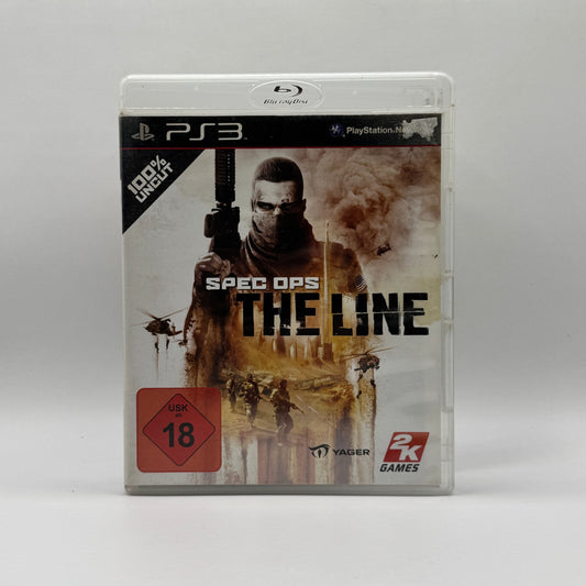 Verpackung des PS3-Spiels Spec Ops: The Line, ein Third-Person-Shooter, in dem Spieler ein Einsatzteam durch das zerstörte Dubai führen und moralisch schwierige Entscheidungen treffen.