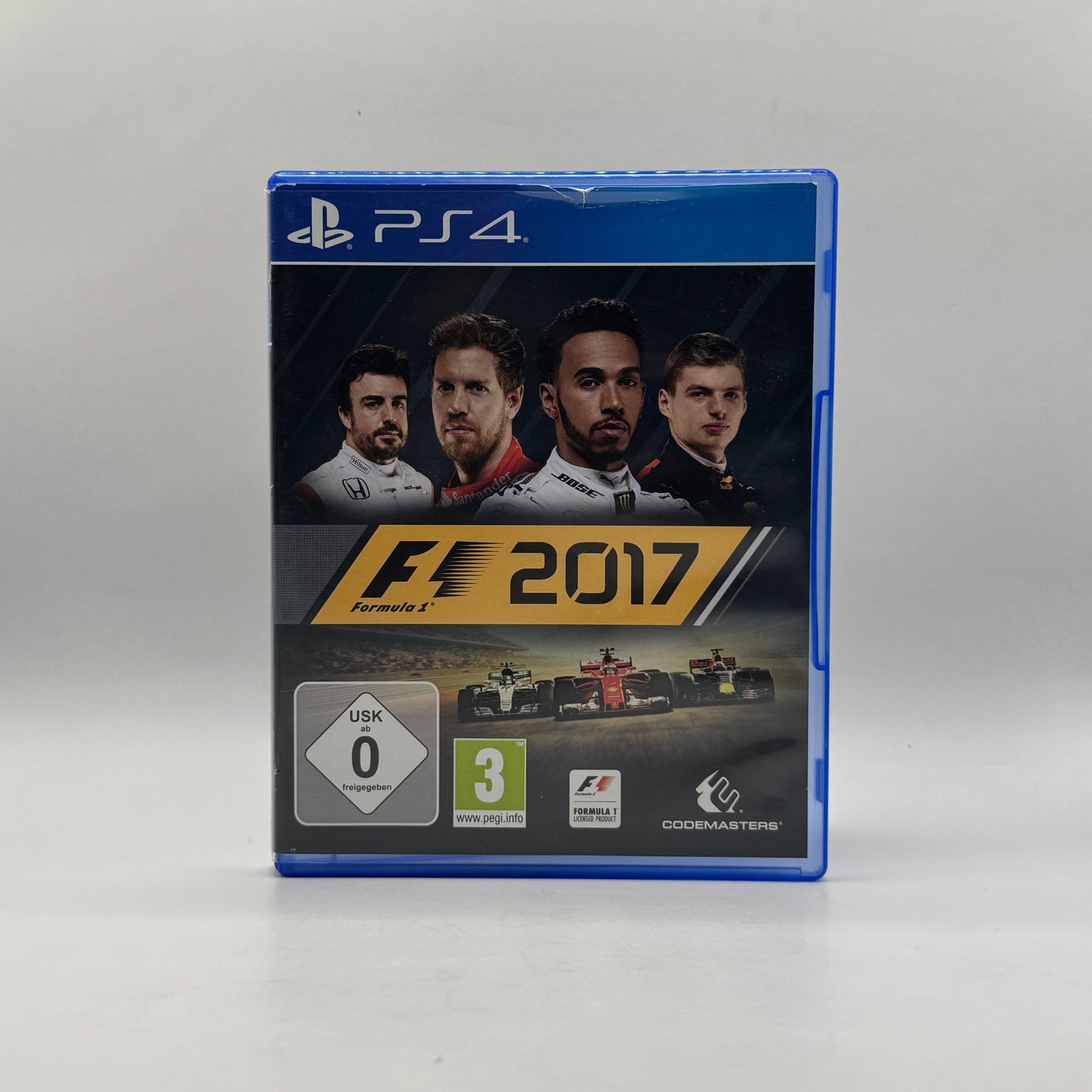 Verpackung des PS4-Spiels F1 2017, ein Rennspiel mit offiziellen Teams, Fahrern und Strecken der Formel-1-Saison sowie Karriere- und Mehrspielermodi.