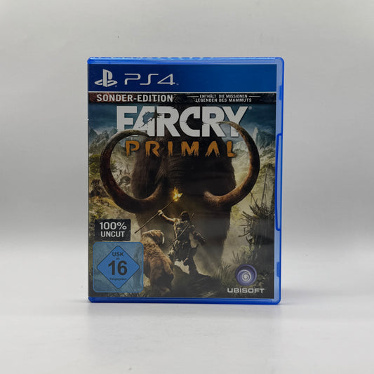 Verpackung des PS4-Spiels Far Cry Primal Sonder-Edition, ein Open-World-Action-Adventure, in dem Spieler in der Steinzeit überleben, jagen und gegen feindliche Stämme kämpfen.