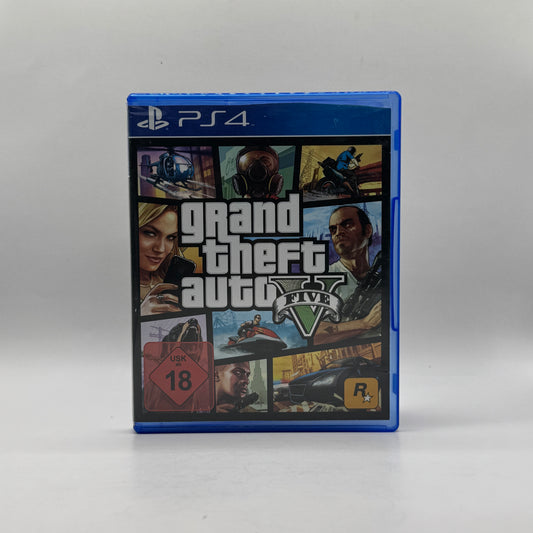 Verpackung des PS4-Spiels Grand Theft Auto V, ein Open-World-Actionspiel, in dem Spieler drei Charaktere steuern, Los Santos erkunden und Missionen absolvieren.