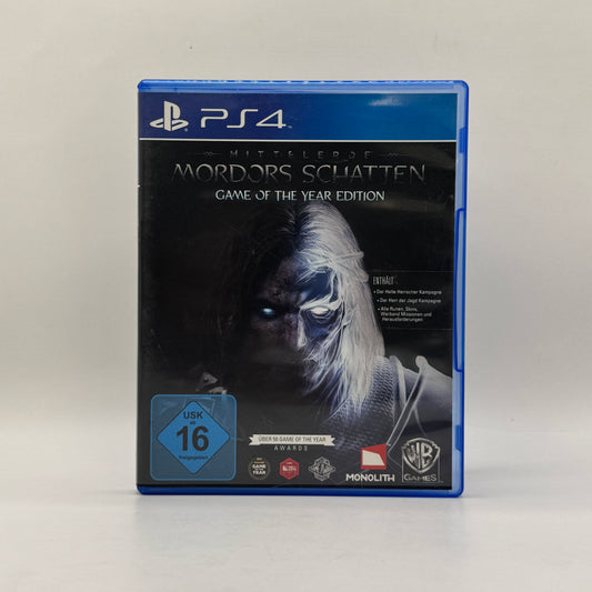Verpackung des PS4-Spiels Mittelerde: Mordors Schatten – Game of the Year Edition, ein Action-Adventure im Herr-der-Ringe-Universum, in dem Spieler Talion steuern, Gegner bekämpfen und die Welt von Mittelerde erkunden.