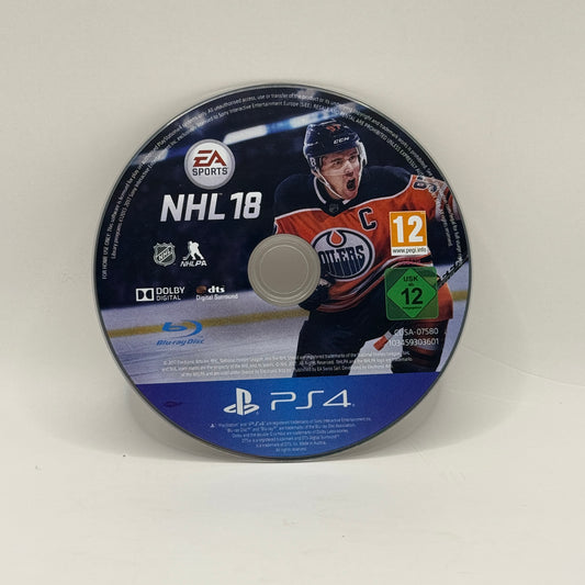 Spielmodul des PS4-Spiels NHL 18 ohne Originalhülle, ein Eishockey-Simulationsspiel mit Teams, Spielern und verschiedenen Spielmodi.