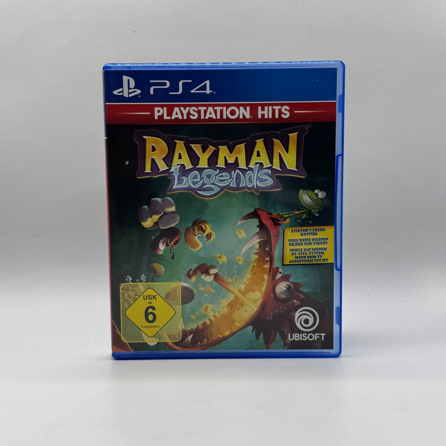 Verpackung des PS4-Spiels Rayman Legends, ein farbenfrohes 2D-Platformer-Spiel, in dem Spieler Rayman und Freunde durch kreative Level steuern, Gegner besiegen und Rätsel lösen.