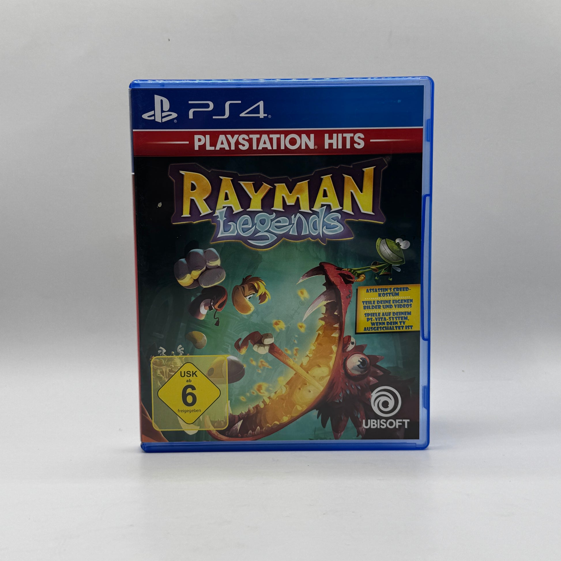 Verpackung des PS4-Spiels Rayman Legends, ein farbenfrohes 2D-Platformer-Spiel, in dem Spieler Rayman und Freunde durch kreative Level steuern, Gegner besiegen und Rätsel lösen.