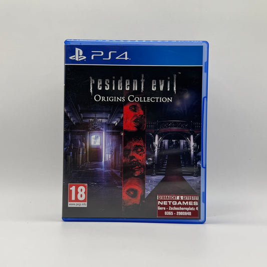 Verpackung des PS4-Spiels Resident Evil Origins Collection, eine Sammlung aus Resident Evil 0 und Resident Evil 1, beide in überarbeiteter HD-Fassung mit Survival-Horror-Gameplay.