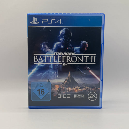 Verpackung des PS4-Spiels Star Wars Battlefront II, ein Shooter im Star-Wars-Universum mit Einzelspieler-Kampagne, Multiplayer-Schlachten und bekannten Helden und Schauplätzen.