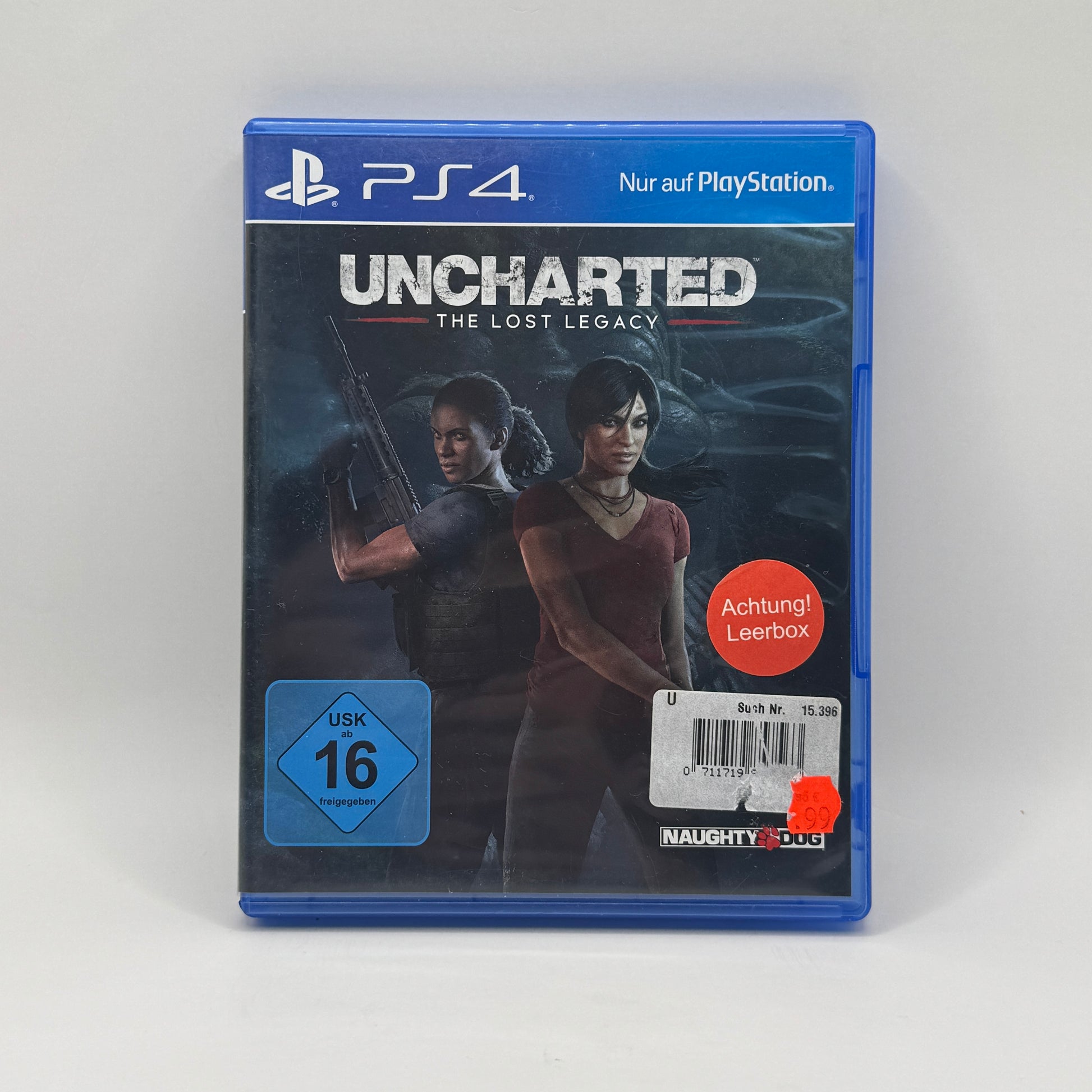 Verpackung des PS4-Spiels Uncharted: The Lost Legacy, ein Action-Adventure, in dem Spieler als Chloe Frazer eine verlorene Reliktspur verfolgen und Abenteuer in Indien erleben.