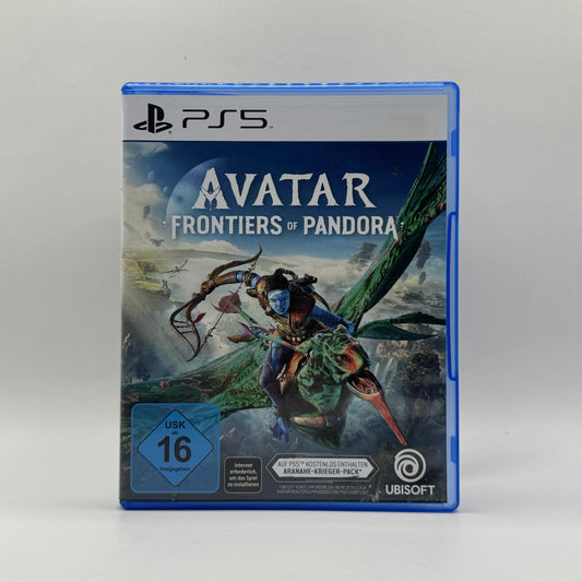 Verpackung des PS5-Spiels AVATAR: Frontiers of Pandora, ein Open-World-Action-Adventure, in dem Spieler die Welt von Pandora erkunden, Missionen erfüllen und mit Na’vi und der Natur interagieren.