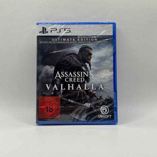 Verpackung des PS5-Spiels Assassin’s Creed Valhalla Ultimate Edition, ein Action-Rollenspiel, in dem Spieler als Wikinger Eivor England erkunden, Raubzüge durchführen und Siedlungen aufbauen.