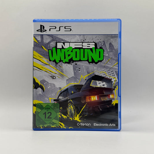 Verpackung des PS5-Spiels Need for Speed Unbound, ein Rennspiel, in dem Spieler Straßenrennen fahren, Fahrzeuge tunen und offene Stadtgebiete erkunden.