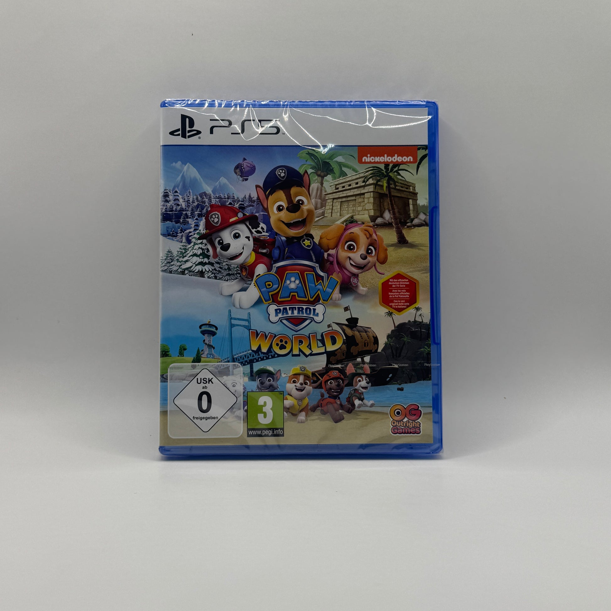 Verpackung des PS5-Spiels Paw Patrol World, ein kinderfreundliches Abenteuer- und Erkundungsspiel, in dem Spieler mit den Charakteren der PAW Patrol Missionen absolvieren und die Spielwelt entdecken.
