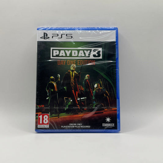 Verpackung des PS5-Spiels Payday 3: Day One Edition, ein Koop-Actionspiel, in dem Spieler Überfälle planen, ausführen und in Echtzeit mit Teamkollegen koordinieren.