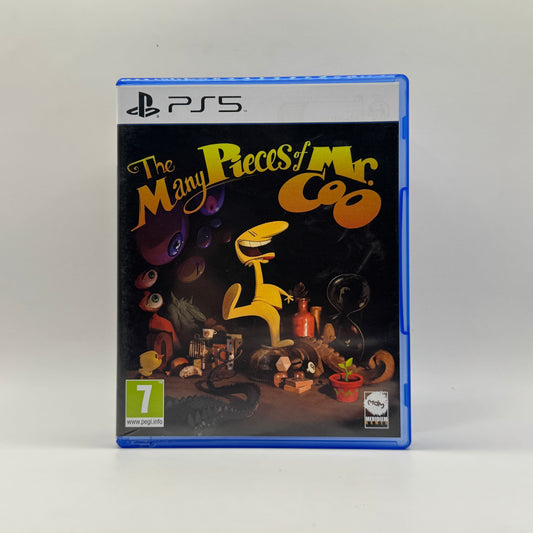 Verpackung des PS5-Spiels The Many Pieces of Mr. Coo, ein Adventure-Puzzle-Spiel, in dem Spieler den originellen Charakter Mr. Coo durch verschiedene Level steuern, Rätsel lösen und Geheimnisse entdecken.