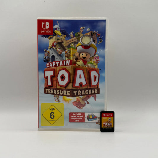 Verpackung des Nintendo Switch-Spiels Captain Toad: Treasure Tracker, ein Puzzle- und Abenteuerspiel, in dem Spieler Captain Toad durch 3D-Level führen, Rätsel lösen und versteckte Schätze finden.