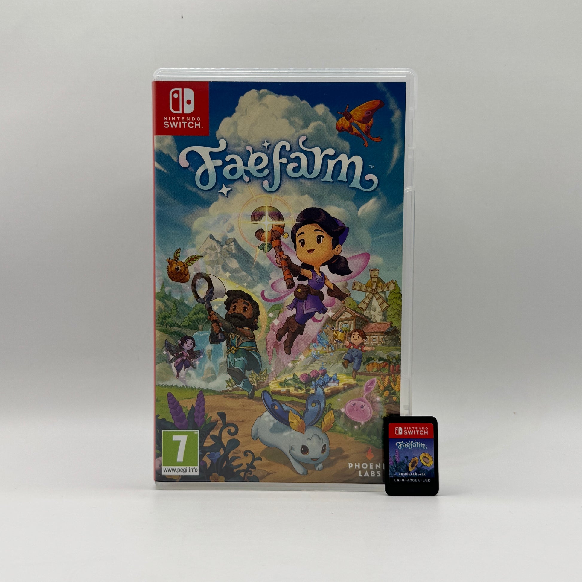 Verpackung des Nintendo Switch-Spiels Fae Farm, ein gemütliches Farm- und Rollenspiel, in dem Spieler eine magische Insel bewirtschaften, zaubern, Freundschaften schließen und Dungeons erkunden.