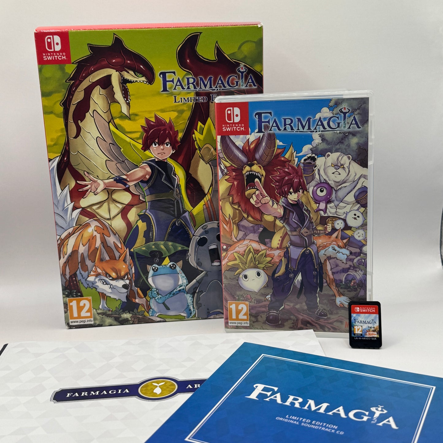 Sammler-Box der Farmagia Limited Edition für Nintendo Switch mit Spielmodul, 96-seitigem Artbook und Original-Soundtrack-CD.