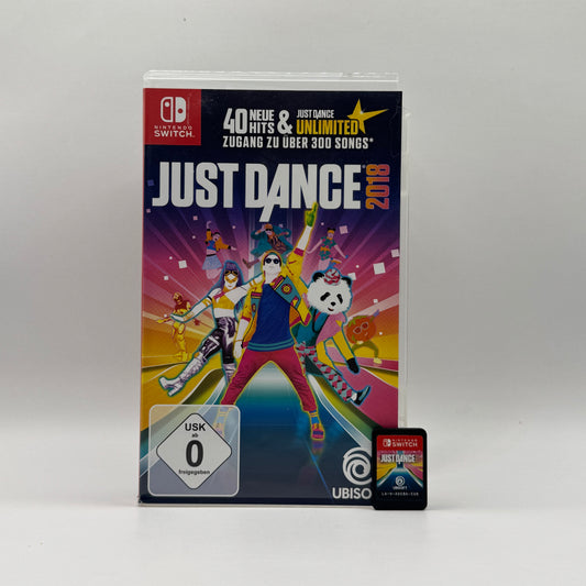 Verpackung des Nintendo Switch-Spiels Just Dance 2018, ein Tanzspiel, in dem Spieler zu aktuellen Songs tanzen, Choreografien nachahmen und Punkte für ihre Bewegungen sammeln.
