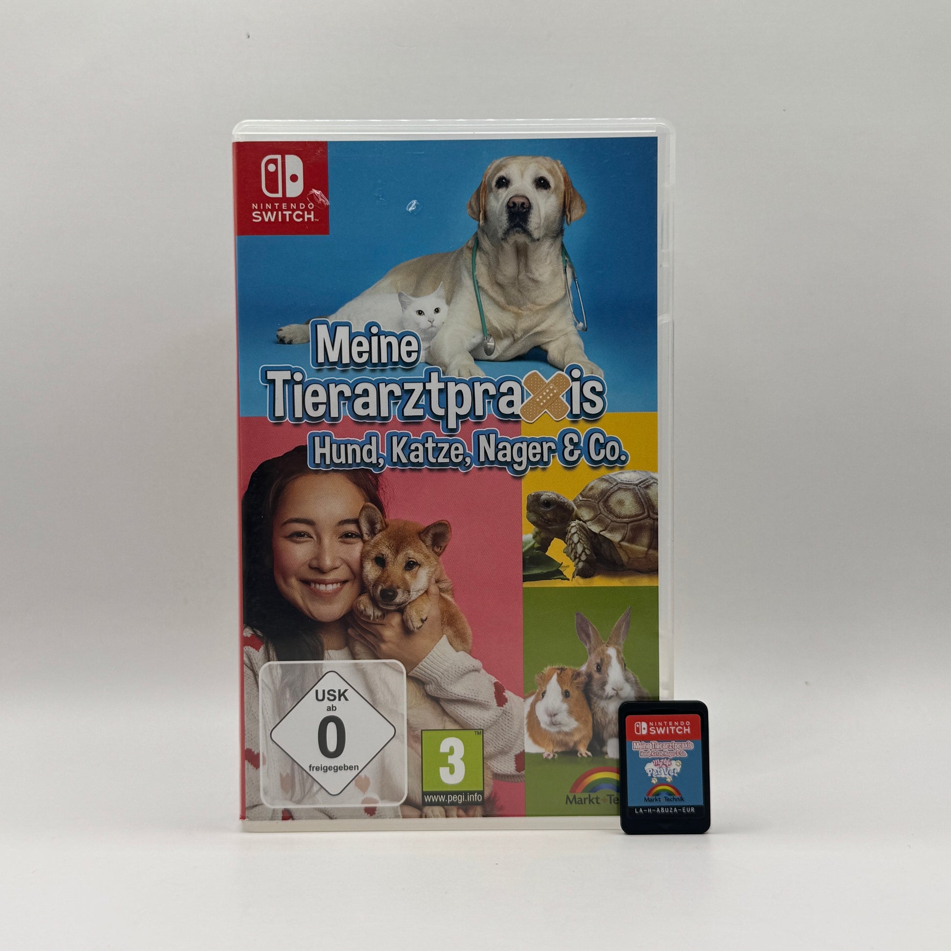Verpackung des Nintendo Switch-Spiels Meine Tierarztpraxis – Hund, Katze, Nager & Co., ein Simulationsspiel, in dem Spieler als Tierarzt Tiere untersuchen, behandeln und pflegen.