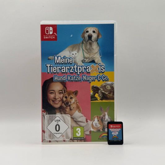 Verpackung des Nintendo Switch-Spiels Meine Tierarztpraxis – Hund, Katze, Nager & Co., ein Simulationsspiel, in dem Spieler als Tierarzt Tiere untersuchen, behandeln und pflegen.