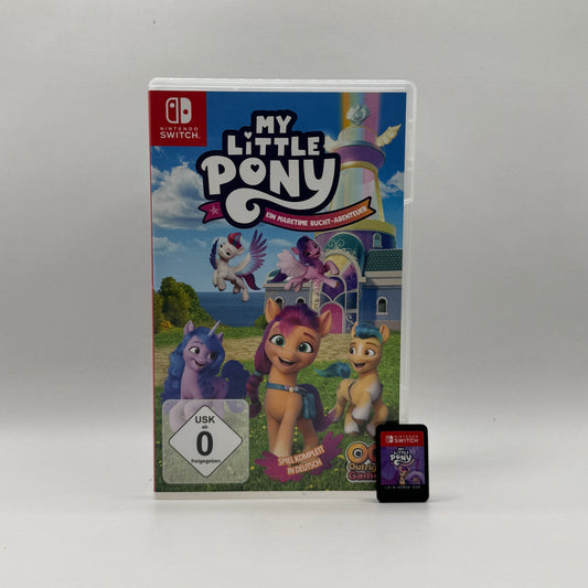 Verpackung des Nintendo Switch-Spiels My Little Pony: Ein Maretime Bucht-Abenteuer, ein Abenteuer- und Rollenspiel, in dem Spieler als Pony-Charaktere Aufgaben erfüllen, Freunde treffen und die Welt von Maretime Bay erkunden.