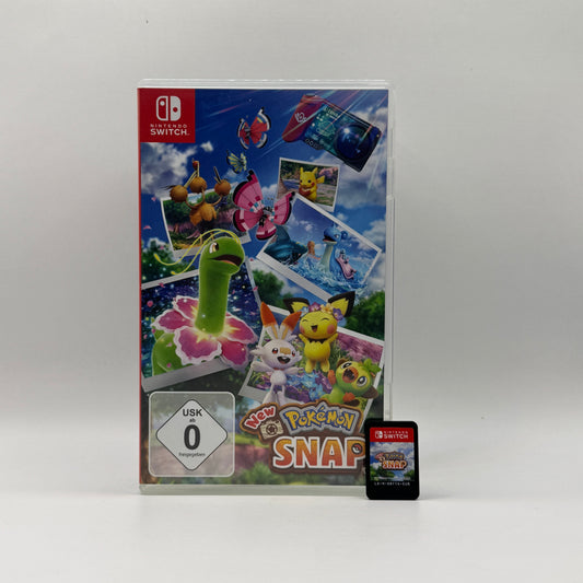 Verpackung des Nintendo Switch-Spiels New Pokémon Snap, ein Abenteuer- und Fotospiel, in dem Spieler Pokémon in ihrer natürlichen Umgebung beobachten, fotografieren und Punkte für gelungene Aufnahmen sammeln.