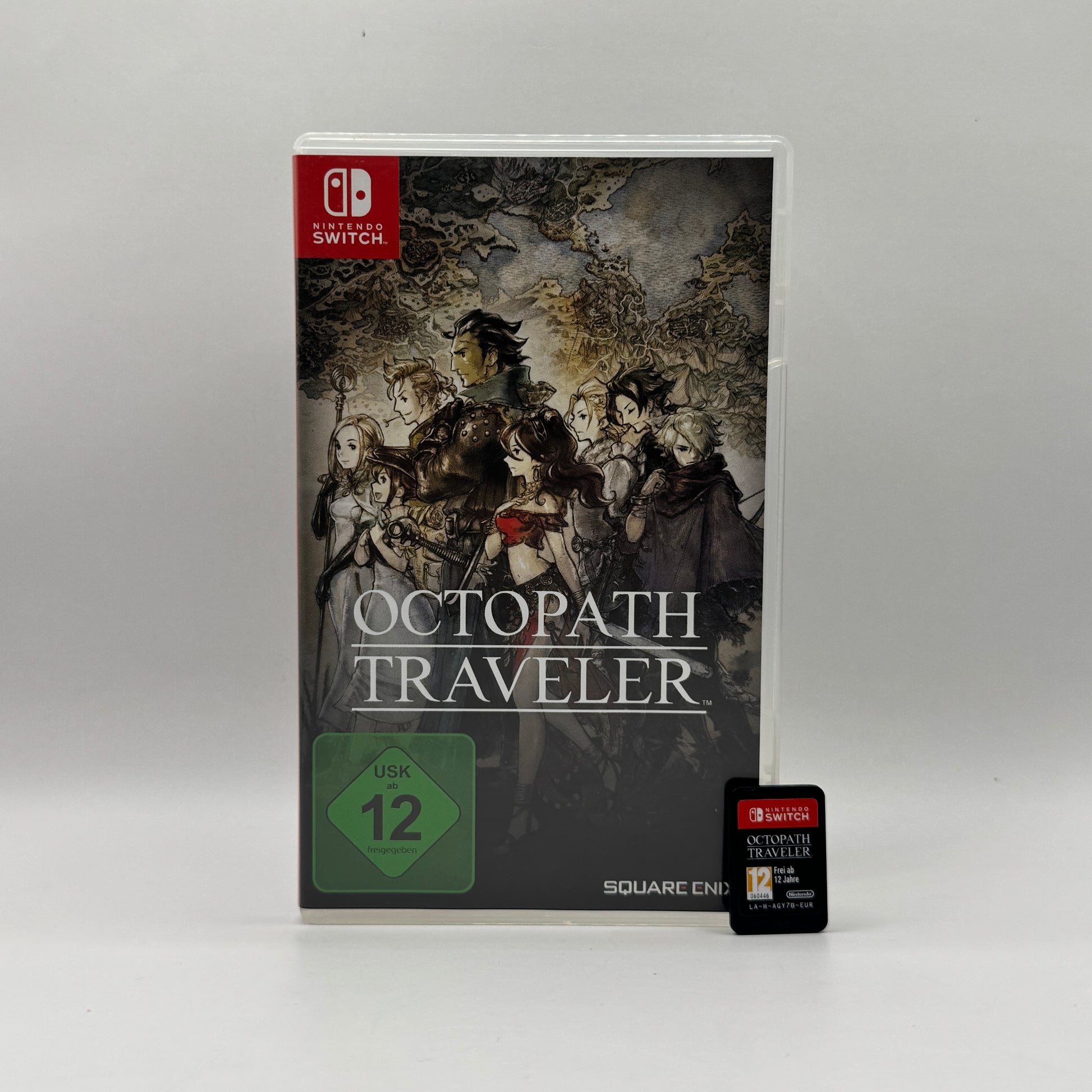 Verpackung des Nintendo Switch-Spiels Octopath Traveler, ein Rollenspiel mit rundenbasierten Kämpfen, in dem Spieler acht verschiedene Charaktere steuern und deren Geschichten in einer detailreichen Fantasy-Welt erleben.