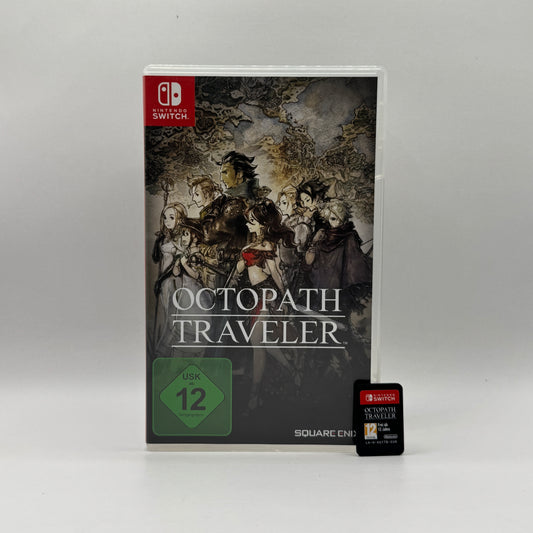Verpackung des Nintendo Switch-Spiels Octopath Traveler, ein Rollenspiel mit rundenbasierten Kämpfen, in dem Spieler acht verschiedene Charaktere steuern und deren Geschichten in einer detailreichen Fantasy-Welt erleben.
