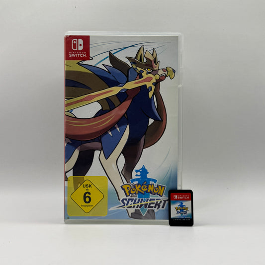 Verpackung des Nintendo Switch-Spiels Pokémon Schwert, ein Rollenspiel, in dem Spieler die Galar-Region erkunden, Pokémon fangen, trainieren und gegen andere Trainer antreten, um Champion zu werden.