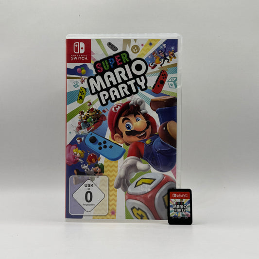 Verpackung des Nintendo Switch-Spiels Super Mario Party, ein Party- und Minispiel-Spiel, in dem Spieler mit Mario-Charakteren verschiedene Minispiele spielen und auf Spielbrettern gegeneinander antreten.