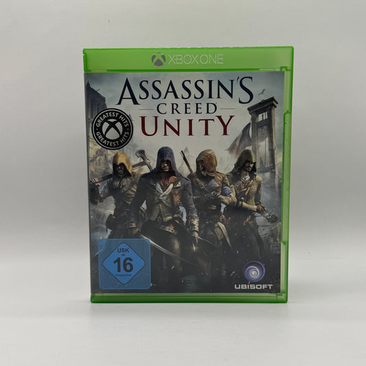 Verpackung des Xbox-One-Spiels Assassin’s Creed Unity, ein Action-Adventure, in dem Spieler als Arno Dorian das revolutionäre Paris erkunden, Missionen erfüllen und Gegner bekämpfen.