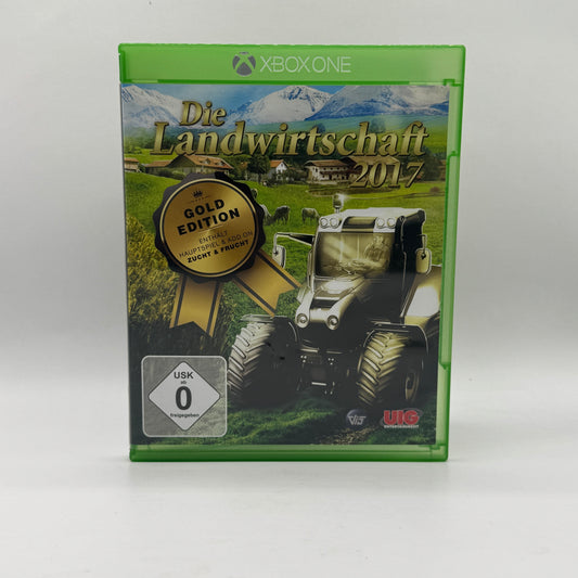 Verpackung des Xbox-One-Spiels Die Landwirtschaft 2017, ein Landwirtschafts-Simulationsspiel, in dem Spieler Felder bewirtschaften, Maschinen einsetzen und einen eigenen Bauernhof aufbauen.