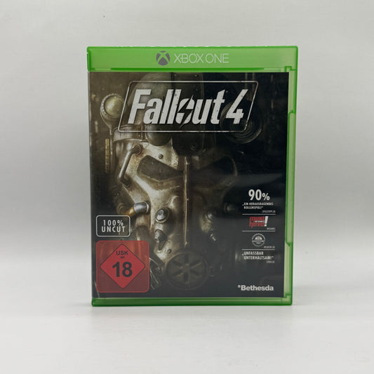 Verpackung des Xbox-One-Spiels Fallout 4, ein Open-World-Rollenspiel, in dem Spieler eine postapokalyptische Welt erkunden, Quests erfüllen, Ressourcen sammeln und Entscheidungen treffen.