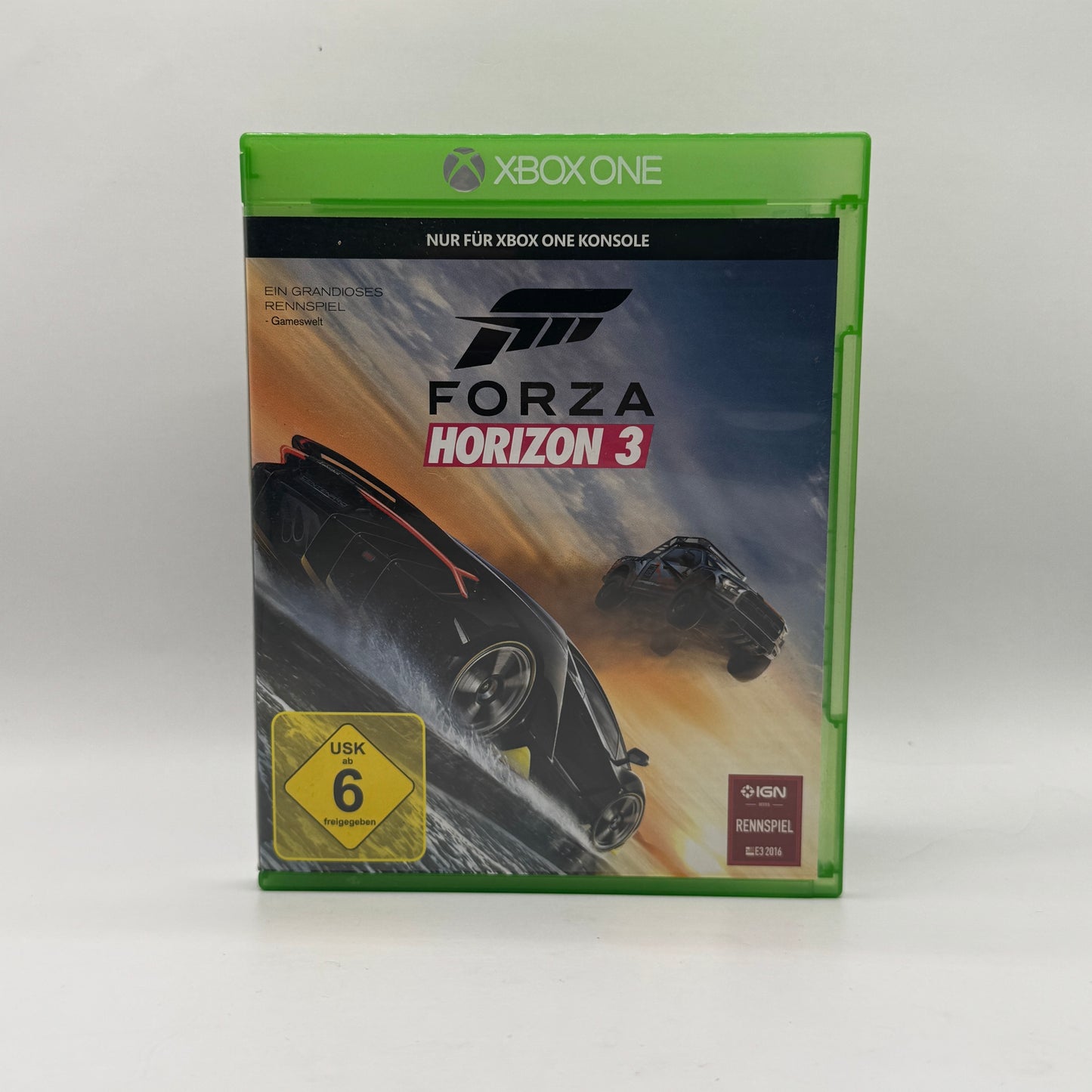 Verpackung des Xbox-One-Spiels Forza Horizon 3, ein Open-World-Rennspiel, in dem Spieler Australien erkunden, Rennen fahren und Fahrzeuge individuell anpassen.