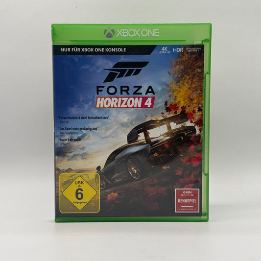 Verpackung des Xbox-One-Spiels Forza Horizon 4, ein Open-World-Rennspiel, in dem Spieler Großbritannien erkunden, an Rennen teilnehmen und dynamische Jahreszeiten erleben.